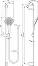 Ideal Standard Brausekombination mit Handbrause und Halterung, 3 Funktionen, verstellbarer Wandhalterung, flexibler Dusche, Chrom-Oberfläche, technische Zeichnung.